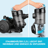MAXXMEE Zyklon-Staubsauger - schwarz mit leicht entnehmbarem Staubbehälter (1,2 L) und beutellosem Design für einfache Reinigung.