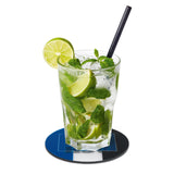 HSV Untersetzer 3D - 10,5 x 10,5 cm - 5er-Set in blau/weiß/schwarz mit Vereinslogo und Antirutsch-Rückseite unter einem Glas.