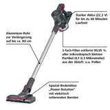 CLEANmaxx Akku-Zyklon-Staubsauger anthrazit/pink mit 3-fach-Filter, 40 Min. Laufzeit, Aluminium-Rohr und Power Rotation Bodendüse.