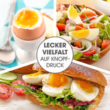 MAXXMEE Eierkocher Kompakt 2.0 mit weich gekochtem Ei, Eiersalat und belegtem Brötchen, perfekte Eierzubereitung für Frühstück zu Hause.