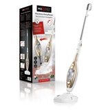 MAXXMEE Vibrations-Dampfbesen in gold/weiß mit 100° heißem Dampf, Knickgelenk und abnehmbarem 300 ml Wassertank.
