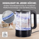 GOURMETmaxx Glas-Wasserkocher LED - 1,7l, matt schwarz mit Wasserstandsanzeige, LED-Beleuchtung und 360° drehbarem Sockel.