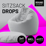 LUMALAND Sitzsack Drops (300 L) silbergrau, indoor & outdoor, 2in1 Sitz- und Liegefunktion, rund, langlebig und pflegeleicht.