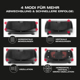 FitEngine 4D Vibrationsplatte mit 4 Modi: horizontal, vertikal, Oszillation und 4D-Mikro-Oszillation für effektives Vibrationstraining.