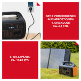 EASYmaxx Powerstation tragbar - 1048Wh schwarz/orange mit Steckdose und Solarpanel für flexibles Laden unterwegs.
