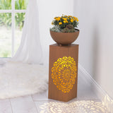 EASYmaxx LED-Dekosäule mit Planzschale Rost-Optik "Mandala" 59 cm mit LED-Beleuchtung und Pflanzschale im Mandala-Design.