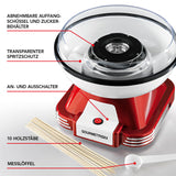 GOURMETmaxx Zuckerwatte-Maschine rot/weiß mit abnehmbarem Behälter, transparentem Spritzschutz, Holzstäben und Messlöffel.