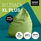 LUMALAND Luxury XL PLUS Sitzsack grün mit 220L Füllung, extra starken Nähten und Micro-Velours Look, ideal für den Indoor Bereich.