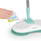 CLEANmaxx Akku-Spray-Mopp türkis/weiß mit nachfüllbarem Tank, 360° Rotation und 2 rotierenden Reinigungs-Pads für Hartböden.