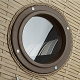 Hoberg 2-Sitzer-Strandkorb mit Bullaugen aus robustem PE-Geflecht und Hartholz, wetterbeständig und komfortabel.