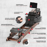 FitEngine klappbares Wasser-Rudergerät 2.0 - Dark Brown mit ergonomischem Sitz, klappbar, Anti-Rutsch-Gummifüßen und Tablet-Halterung.