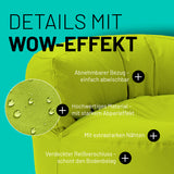 LUMALAND Sitzsack Lounge (320 L) Apfelgrün mit abnehmbarem Bezug, starkem Abperleffekt, extrastarken Nähten und verdecktem Reißverschluss.