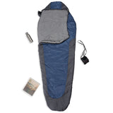 Where Tomorrow Camping Schlafsack Small & Light in Grau-Navyblau mit wasserabweisendem Außenmaterial und praktischem Packsack.