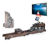 FitEngine klappbares Wasser-Rudergerät 2.0 - Dark Brown aus Eschenholz mit Kinomap-Kompatibilität für Home-Gym Training.