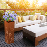 PRIMA GARDEN LED-Dekosäule mit Pflanzschale Rost-Optik braun mit warmweißer LED-Beleuchtung und Pusteblumen-Design auf Terrasse.