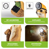 EASYmaxx Solarleuchte Erdmännchen als Bergarbeiter mit LED-Kopflampe, Solarpanel, Dämmerungssensor und detailgetreuem Design.