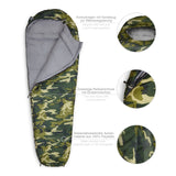 Where Tomorrow Camping Schlafsack Classic Mumienschlafsack mit wasserabweisendem Polyester-Außenmaterial in Camouflage Grün, 230 x 80 x 55 cm.