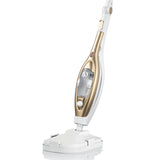 MAXXMEE Vibrations-Dampfbesen in gold/weiß mit 100° heißem Dampf, Vibrationsfunktion und abnehmbarem Wassertank für vielseitige Reinigung.