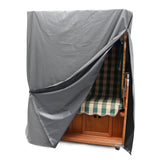 Hoberg Strandkorb Schutzhülle L/XL grau aus robustem, wasserfestem Kunststoffgewebe mit Reißverschlüssen und Ventilationsfenstern.