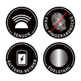 MAXXMEE Sensor-Abfalleimer 35 Liter mit Sensoröffnung, antibakterielle matte Oberfläche, Batterie-Betrieb und Edelstahl-Design.