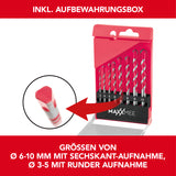 MAXXMEE Mehrzweckbohrer-Set - 8-tlg. in roter Aufbewahrungsbox, Bohrer von 3-10 mm aus hitzebeständigem Karbonstahl.