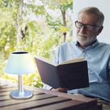 EASYmaxx Solar-Tischleuchte Edelstahl/weiß mit warmweißem LED-Licht, praktischem Schalter, ca. 29 cm hoch, ideal zum Lesen im Tageslicht.