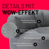 LUMALAND Sitzsack Lounge (320 L) Grau mit abnehmbarem Bezug, wasserabweisendem Material, extrastarken Nähten und verdecktem Reißverschluss.