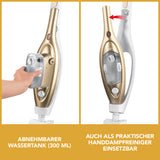 MAXXMEE Vibrations-Dampfbesen mit abnehmbarem 300 ml Wassertank und Handdampfreiniger-Funktion in Gold/Weiß.