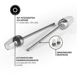 MAXXMEE Solar-Fackel 2er-Set - silber mit integriertem Solarpanel, Dämmerungssensor und abnehmbarem Erdspieß für Außenbereich