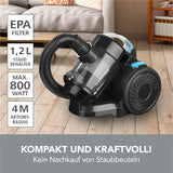 CLEANmaxx Zyklon-Staubsauger - schwarz mit EPA-Filter, 1,2 L Staubbehälter, 800 Watt Leistung und 4 m Aktionsradius.