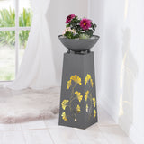 EASYmaxx LED-Dekosäule mit Pflanzschale in Beton-Optik grau mit warmweiß leuchtendem Gingko-Design und dekorativer Pflanzschale.