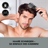 MAXXMEE Rasierer Smart Trimm Haarschneider mit 5 Aufsätzen schwarz/silber, Mann schneidet Haare mit ausziehbarem Griff und LED-Licht.
