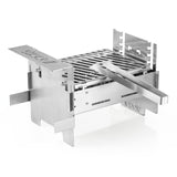 STACK Grill - kompakter mobiler Edelstahlgrill mit höhenverstellbarem Rost und Grillzange, ideal für 2 bis 5 Personen, mobil und schnell einsatzbereit.