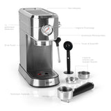 ESPRESSO-ULTIMATE Espresso-Siebträgermaschine - 20 bar mit abnehmbarem Wassertank, Milchschaumdüse, Siebträger und Tamper.