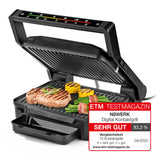 N8WERK Digital-Kontakt-Grill Midnight Edition mit 2000W, 6 Grillprogrammen und LED-Touch-Display zeigt Grillgut auf großer Grillplatte.