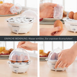 GOURMETmaxx Eierkocher für 7 Eier weiß mit transparentem Deckel, Eierhalter, Messbecher und beleuchtetem Ein-/Ausschalter.
