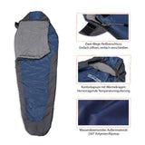 Where Tomorrow Camping Schlafsack Small & Light mit wasserabweisendem Material, Konturkapuze und praktischer Tragetasche in Grau-Navyblau.