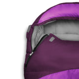 Where Tomorrow Camping Schlafsack Small & Light lila mit wasserabweisendem Material, Mumienschlafsack und praktischer Tasche.