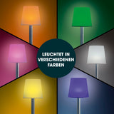 EASYmaxx Solar-Leuchte Schirm - 4er Set zeigt LED-Solarlampen mit Lampenschirm in verschiedenen Farben und Akku, ideal für Außenbereiche.