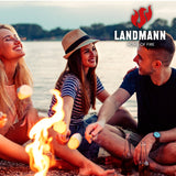 LANDMANN Feuerkorb mit Edelstahl-Tragerand und Meshgitter, perfekt für gemütliche Lagerfeuer am Seeufer bei Freunden.