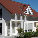 EASYmaxx Solar Dachrinnenleuchten in Edelstahl, 3er-Set angebracht an Dachrinne mit heller Beleuchtung durch LEDs und Solarpanel.