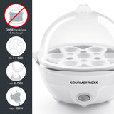 GOURMETmaxx Eierkocher für 7 Eier mit transparentem Deckel, Ei-Pick, beleuchtetem Schalter und herausnehmbarem Eierhalter in weiß.