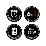Symbole für Timer-Funktion, 6 Heizstufen, Fernbedienung und 85W Leistung der MAXXMEE Heizdecke 180 x 130cm, grau.