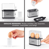 MAXXMEE Eierkocher Kompakt 2.0 mit Platz für 2 Frühstückseier, einfache Bedienung und BPA-freier Abdeckhaube, modernes Design.