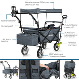 HOBERG faltbarer Bollerwagen mit Dach, robust, mit Kühl-/Getränkehalter, 360°-Räder, Bremse, abnehmbares UV-Dach, verstellbarer Griff, grau.