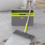 MAXXMEE Wischsystem Flat-Mopp mit 2-Kammer-Eimer 5l grau/grün für Hartböden und Parkett, mit klappbarem Spezial-Wischkopf.