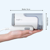 MAXXMEE Dampfbürste - kompakt, zusammenklappbar und handlich mit vertikalem Dampfstoß bis 22 g/min, weiß/grau, Maße 16x8,8 cm.