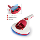 MAXXMEE Akku-Milben-Handstaubsauger mit UV-C Licht in weiß/rot mit HEPA-Filter und An/Aus-Schalter, ideal zur Milbenentfernung und Sterilisation.