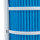 MAXXMEE Luftkühler mit Wassertank 5l zeigt blauen Luftfilter für effiziente Kühlung und Luftbefeuchtung im weißen Gehäuse.