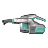 CLEANmaxx Akku-Zyklon-Staubsauger türkis/grau mit leicht entleerbarem Behälter und praktischem Bürstenaufsatz für vielseitige Reinigung.